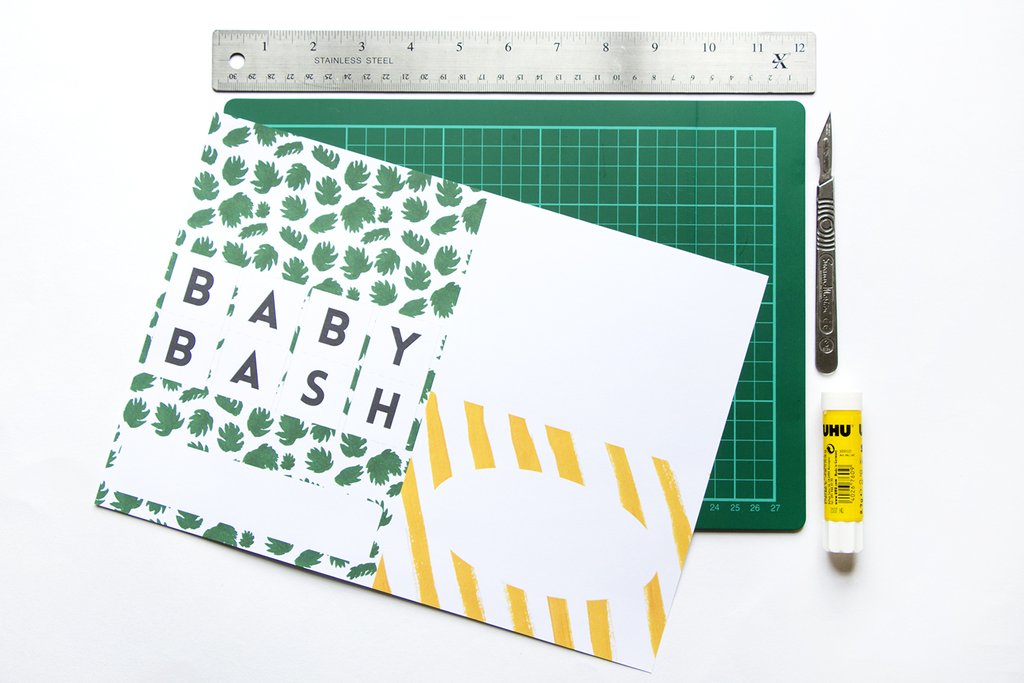 Printable Babyshower DIY Invite with palm leaves and yellow stripes